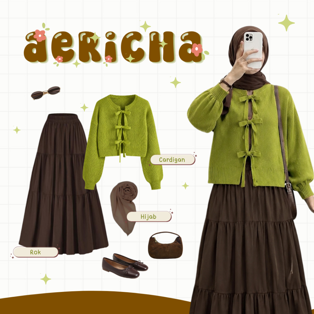 Oneset Wanita 3 in 1 (Cardigan Rajut Avocado + Rok Susun Putih + Rok Layer Putih + Celana Choco + Hi