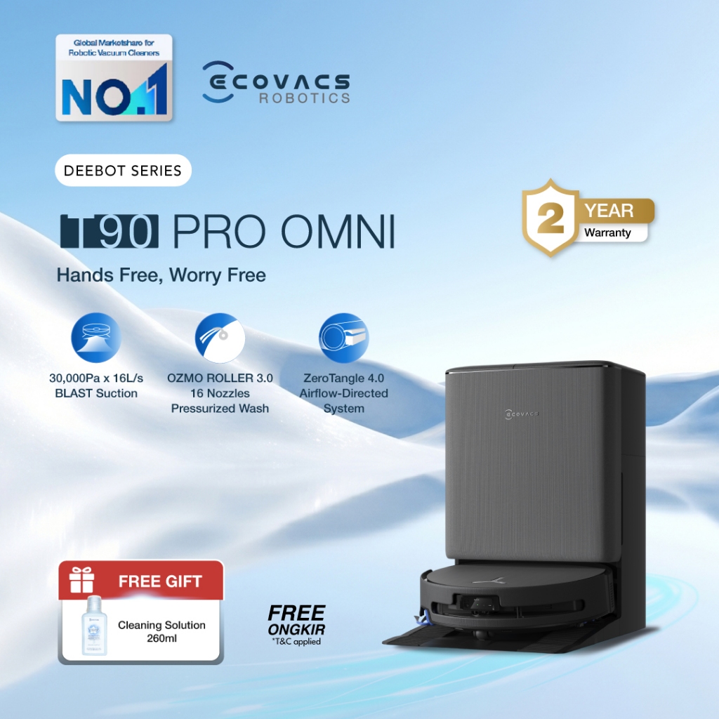 [Trusted Worldwide] Ecovacs DEEBOT T90 PRO OMNI Robot Vacuum | Pel Otomatis OZMO Roller 3.0 | Self-C
