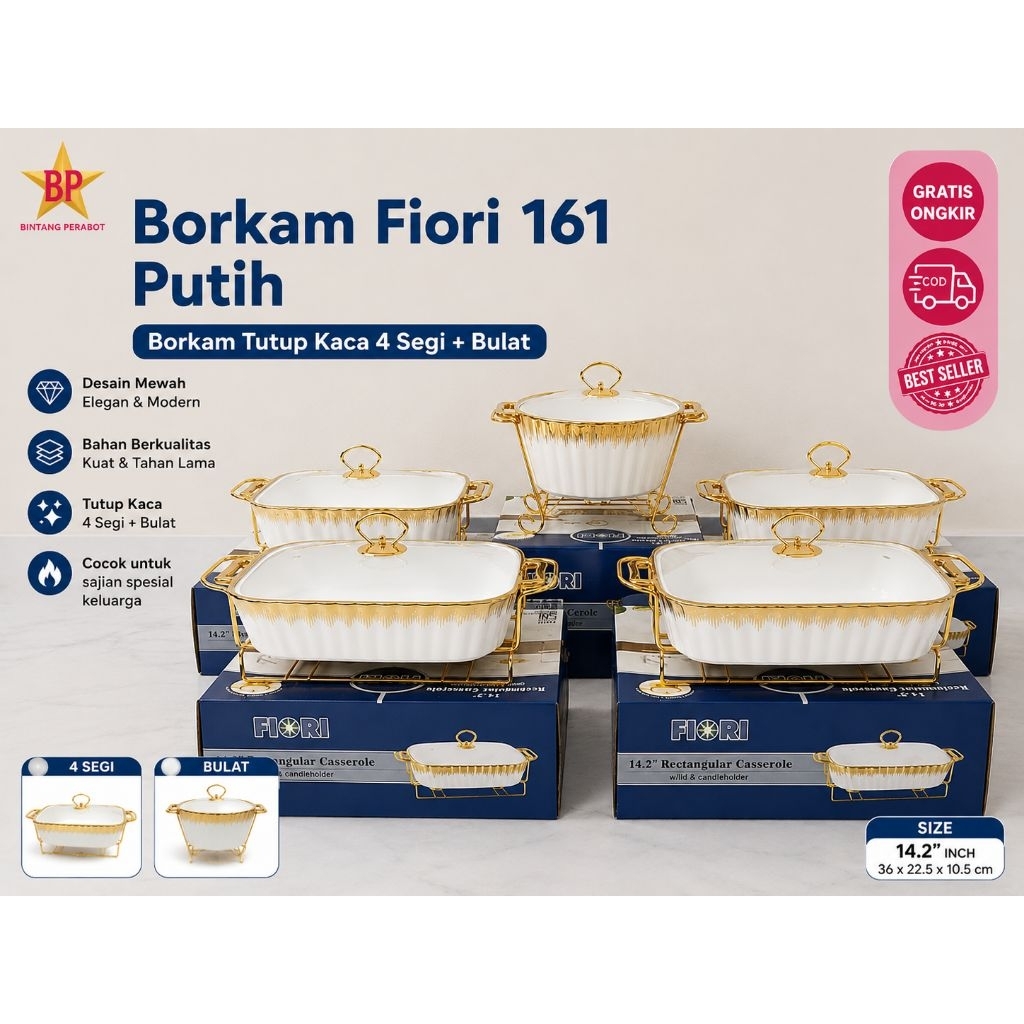 Borkam Fiori 161 Tutup Kaca 4 Segi + 1 Bulat Ukuran Normal Besar/ Prasmanan Makanan Pesta Keramik Ca