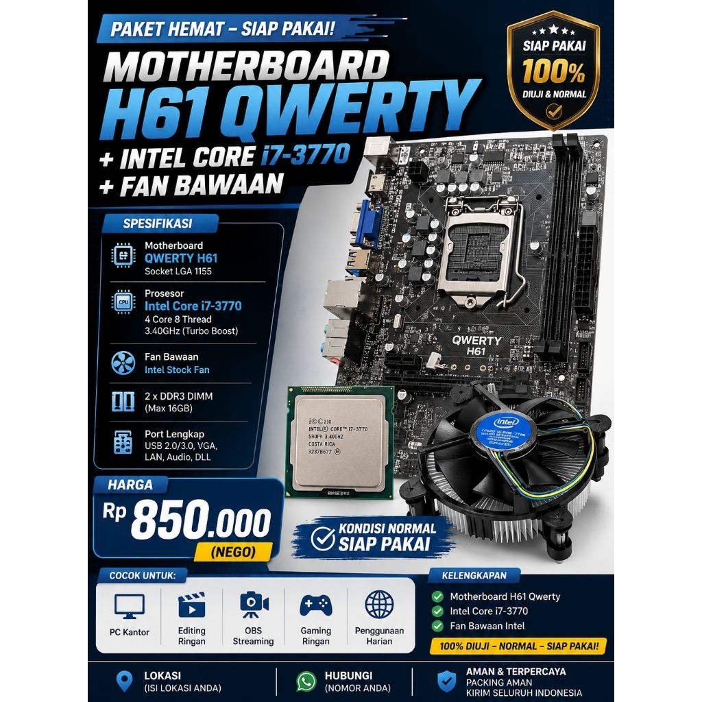 Paket Motherboard H61 + Intel Core i7 3770 + Fan Intel | BEKAS