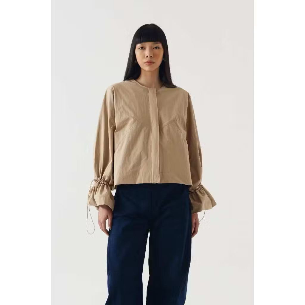 NASL Khaki Pleats Long Sleeve Ruffle