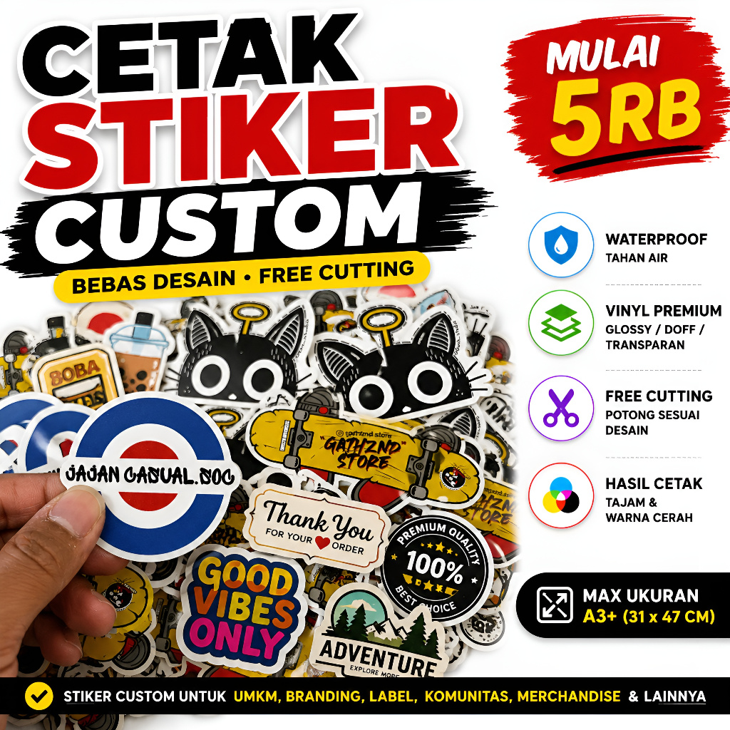 Cetak Stiker Label Produk Custom Waterproof | Vinyl Glossy Doff Transparan | Free Cutting | UMKM Bra