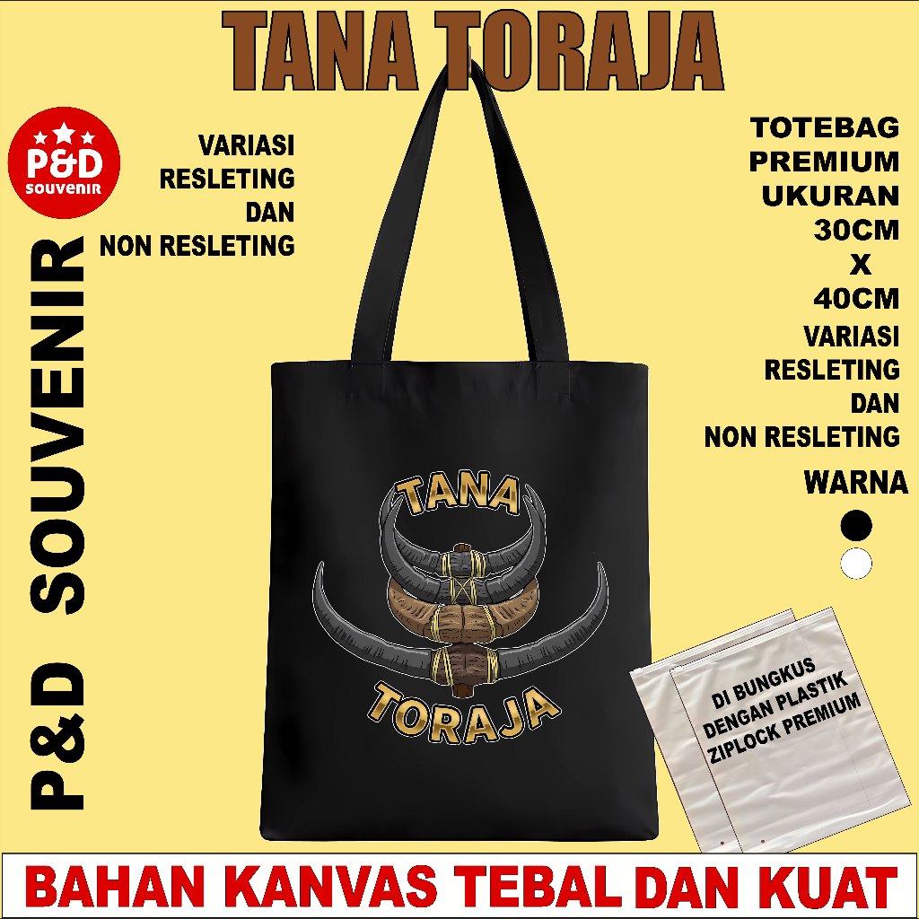 TAS TOTEBAG SOUVENIR OLEH OLEH TANA TORAJA (A) BAHAN KANVAS TEBAL DAN HALUS UKURAN 30X40CM
