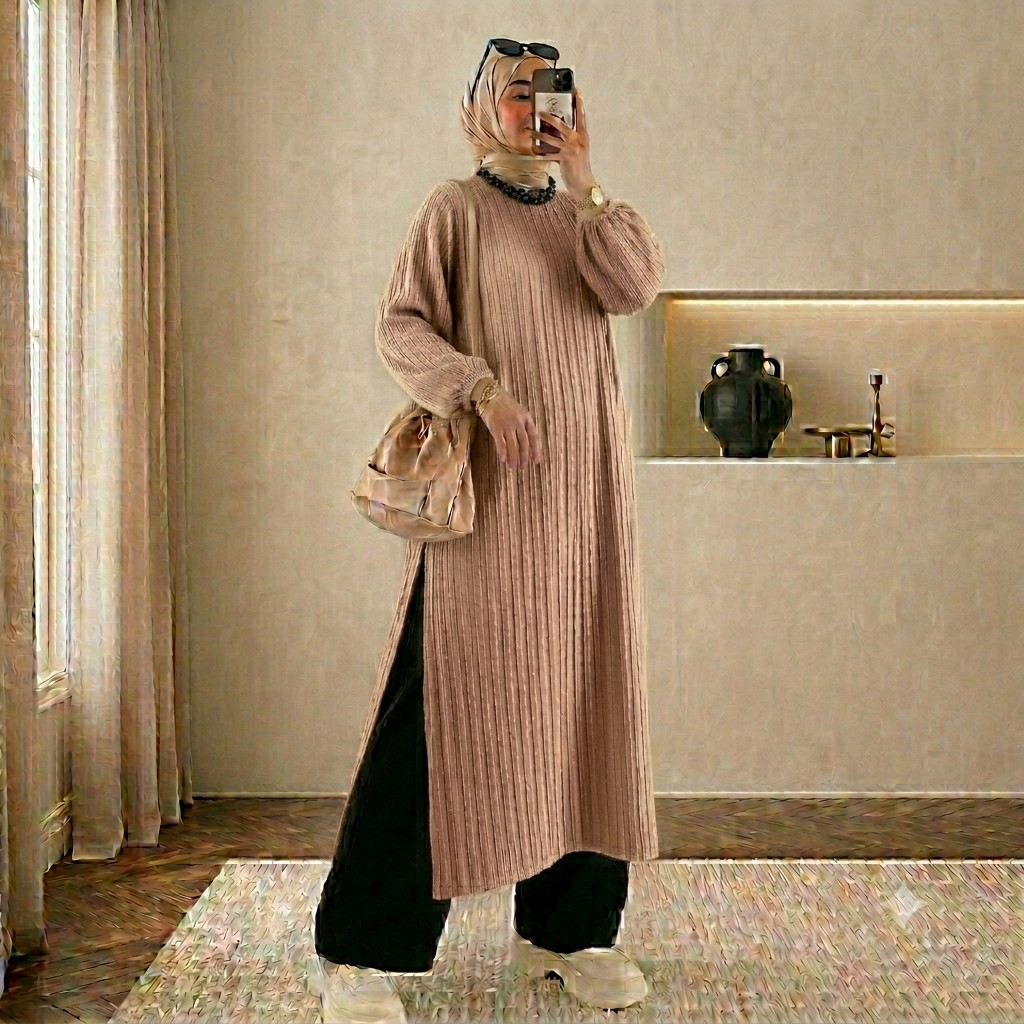 Long Tunik Knit Hornet Premium Lengan Karet / Atasan Muslim Wanita Jumbo / Tunik Rajut Crinkle Rib K