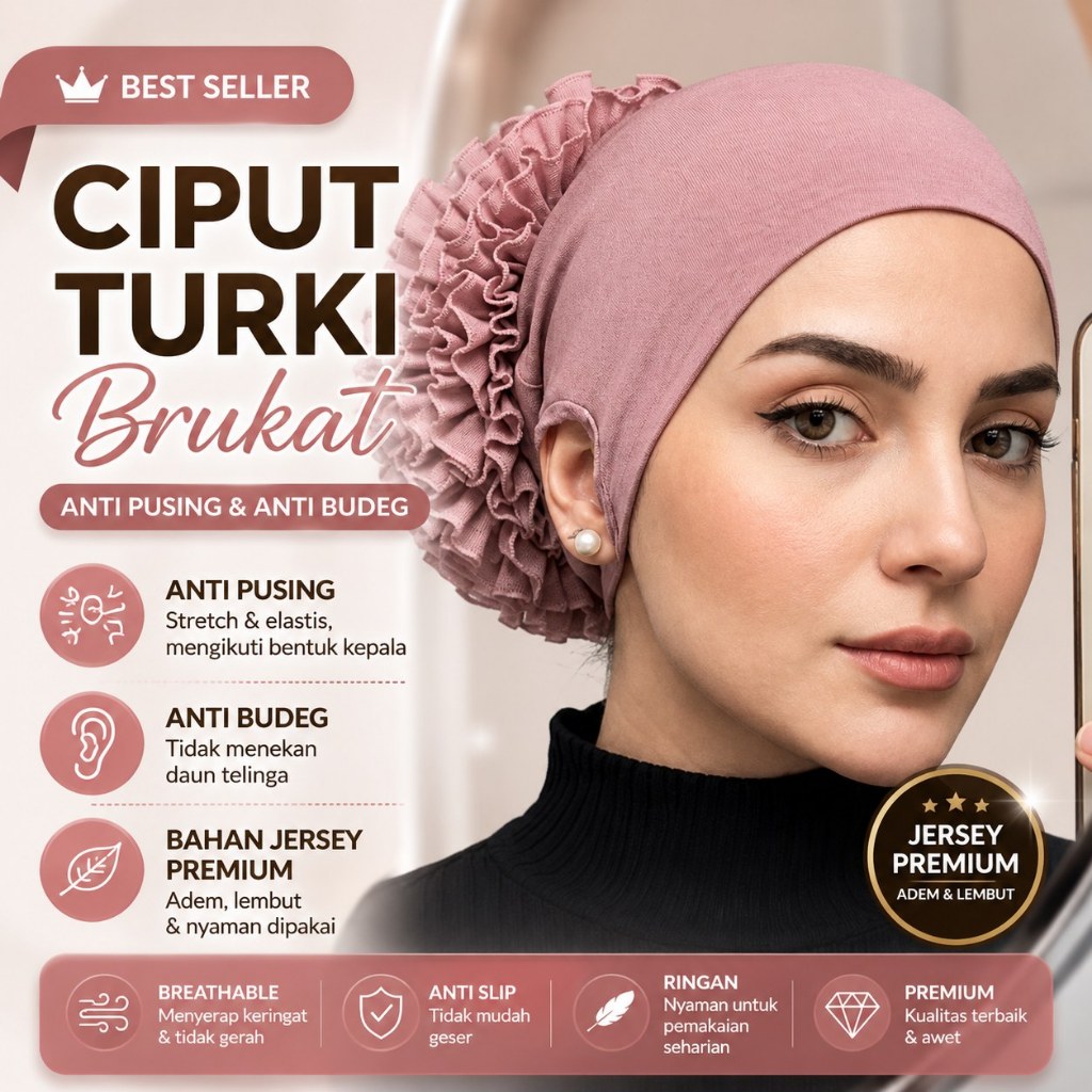 Ciput Turki Brukat Anti Budeg Anti Pusing Inner Hijab Anti Slip Cepol Sanggul Jersey Premium