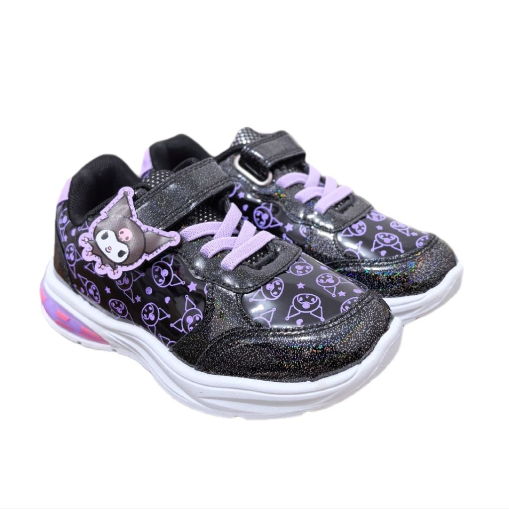 Sepatu Anak Lampu LED Sanrio Kuromi Sneaker Hitam Ungu Lilac Glitter Original Lavie Stuff