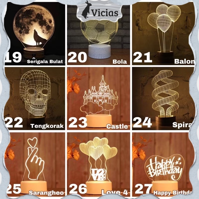 LED04 Lampu Tidur Hias LED 3D Acrylic Transparant Kaca Bening Pajangan Hiasan
