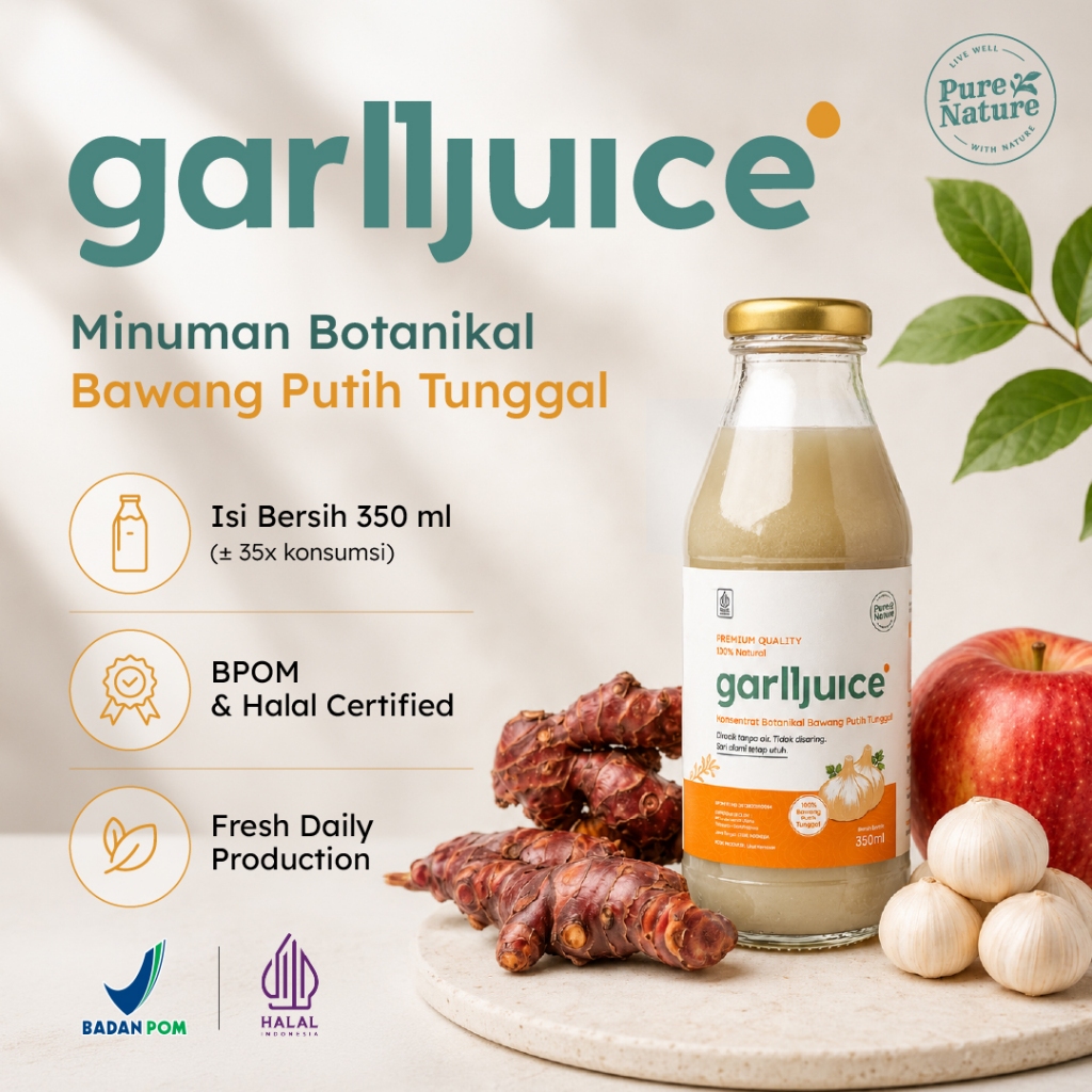 Pure Nature Garl1juice Jus Bawang Putih Tunggal 350ml Jahe Merah Lemon Cuka Apel Madu BPOM Halal