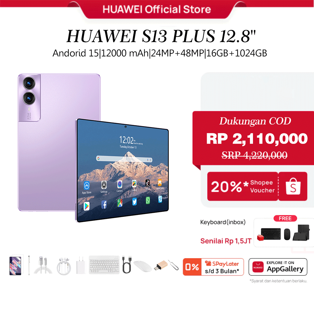 [Free+Keyboard+Mouse+Case] HUAWEI Tablet Android S13 12.8 Inci, RAM 16GB + 1024GB ROM, Android 15 , 