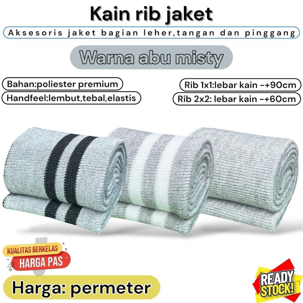 Rib Bur Jaket Premium Warna Abu Misty Polos Salur Polyester Untuk Leher Tangan Pinggang Eceran