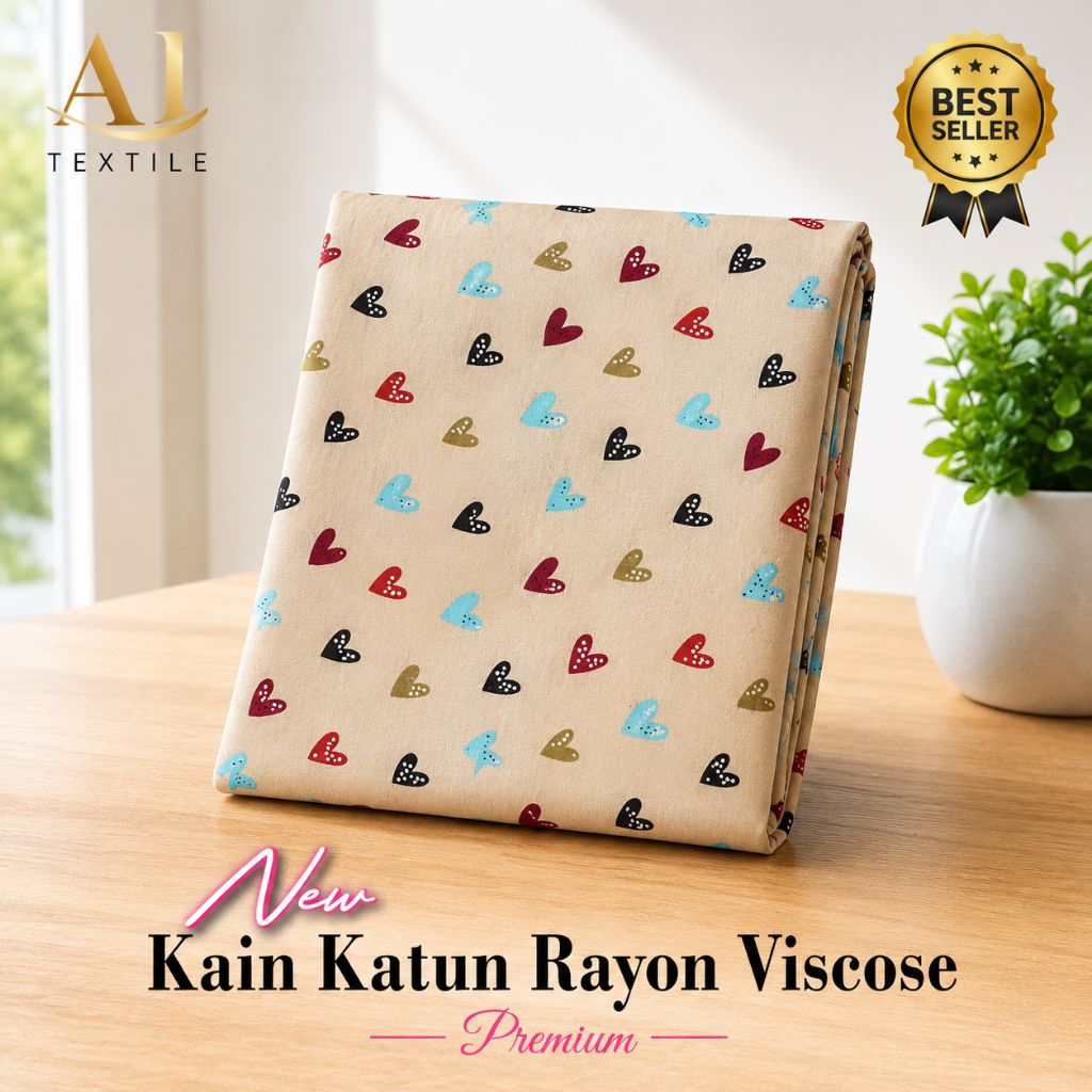 Kain Katun Rayon Viscose Premium - Kain Katun Jepang Motif Hati Colorful Background Cream - Kain Cot