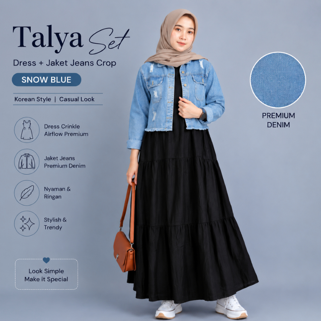 Talya Set Dress Jaket Jeans Wanita Hijab Korean Style Gamis Outer Denim Crop Casual Kekinian Setelan