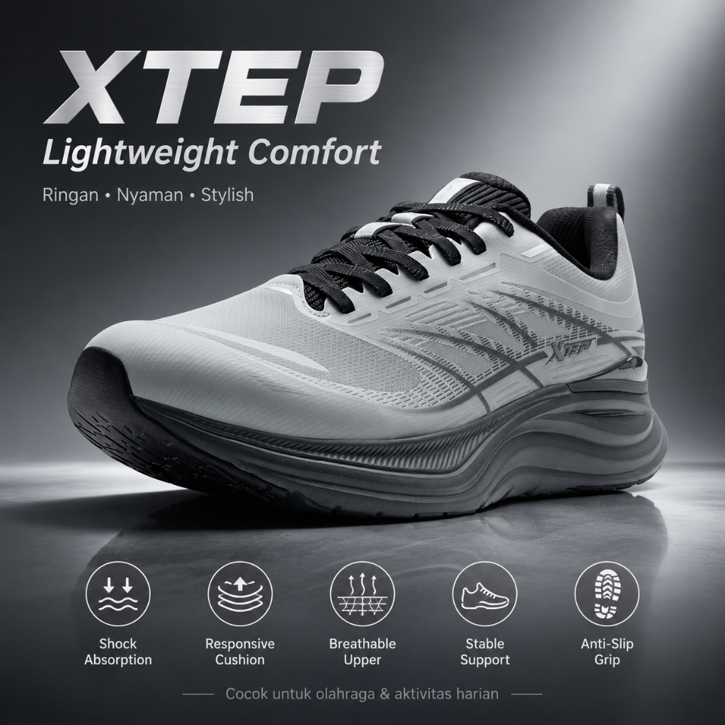 XTEP Sepatu Lari Pria Original Running Shoes Sneakers Olahraga Training Outdoor Waterproof Size 39-4