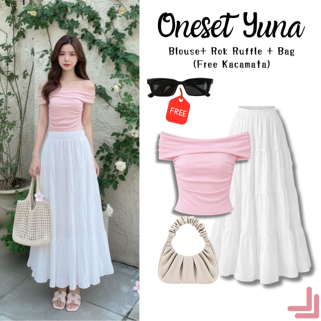 One Set Elegan Wanita Korea (Blouse,Rok Rufle,Bag) Outfit Yuna Cantik Casual Style Premium Kekinian 