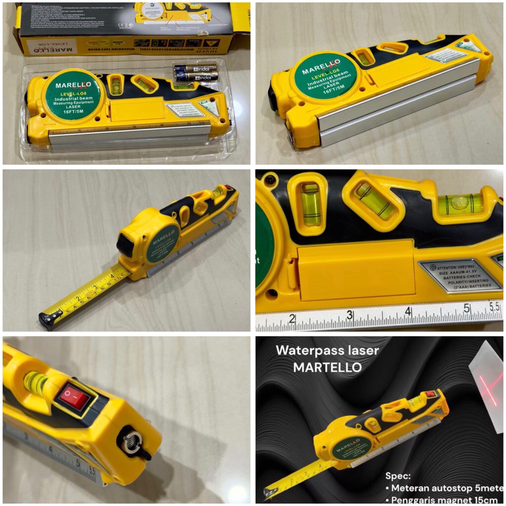 Waterpass LASER 3 arah MARTELLO asli ORI LENGKAP meteran 5 meter autostop + pengaris rol magnet 15cm
