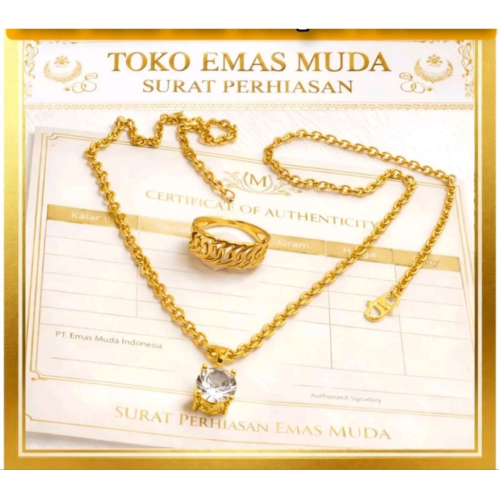 kalung dan cincin premium berlapis emas muda gold