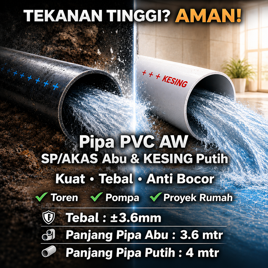 Pipa PVC AW XSTRONG Abu dan Putih– Tebal & Kuat – Tahan Tekanan Air Tinggi