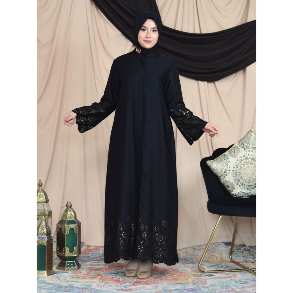 Najma Dress Gamis Hitam – Laser Cut Katun Silk Premium