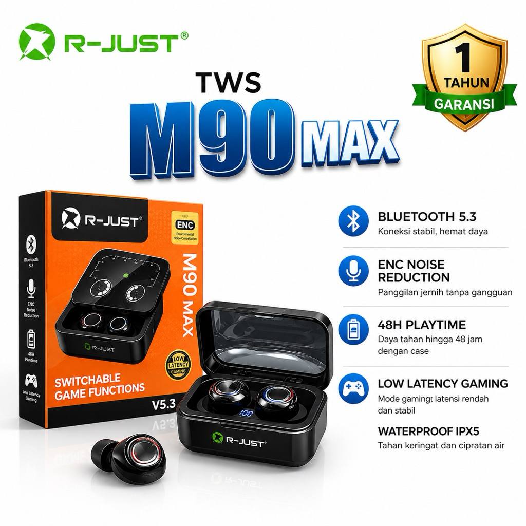 M90 MAX TWS NEKTECK Resmi GARANSI 1 TAHUN Earphone Wireless Headset Bluetooth, Hifi Jernih