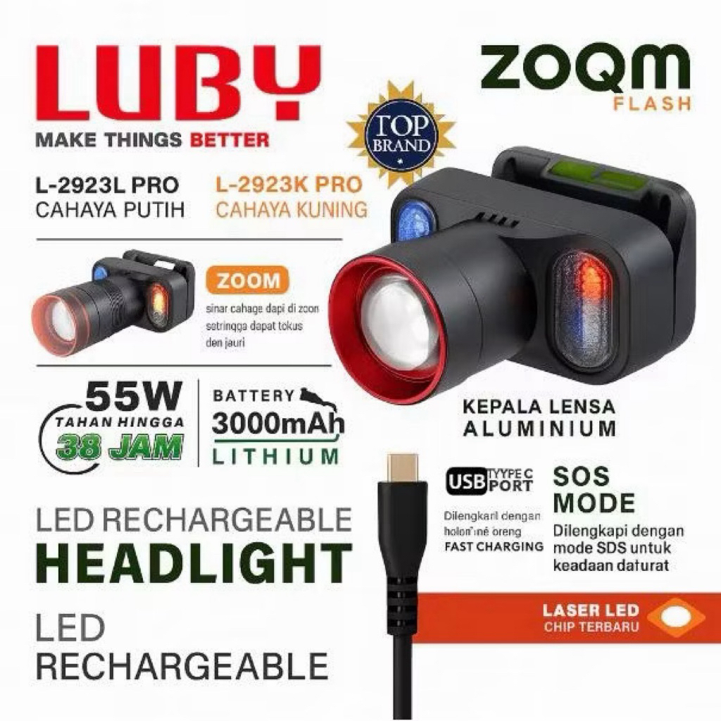 Senter Kepala Luby L-2923 pro 55W Senter Zoom L2923 pro