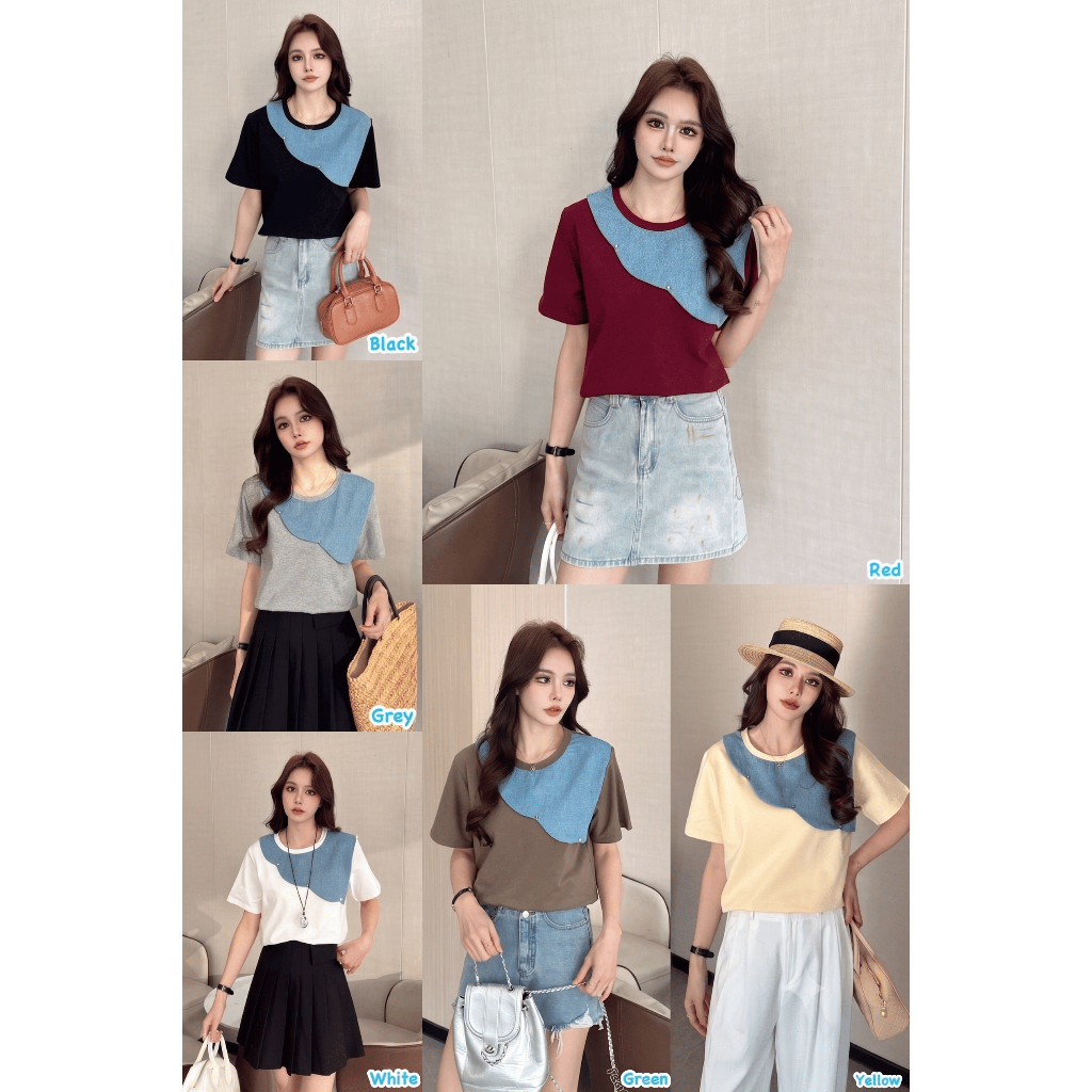 H&J HNJ HJ BANGKOK - ATASAN WANITA KOMBINASI SOFT DENIM STUD 3D TIMBUL