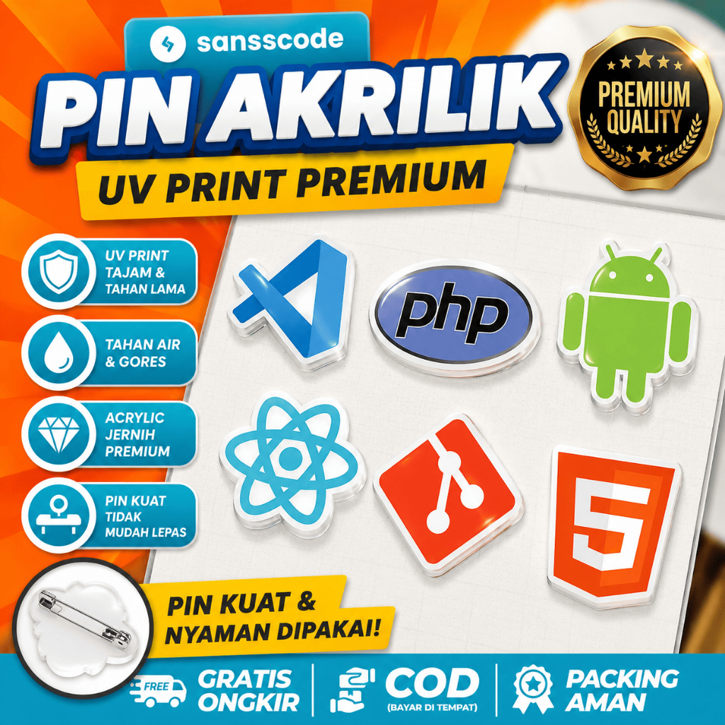 [ COD ] PIN AKRILIK UV PRINT PREMIUM TEMA PROGRAMMING | PIN VS CODE PHP ANDROID REACT GIT HTML | BRO