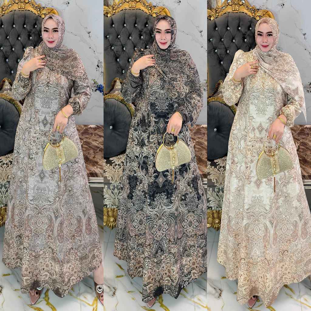 GK2 Gamis Kashmir Set Hijab Pashmina Motif SS / Gamis Kashmir Fatimah / Gamis Motif Printing Include