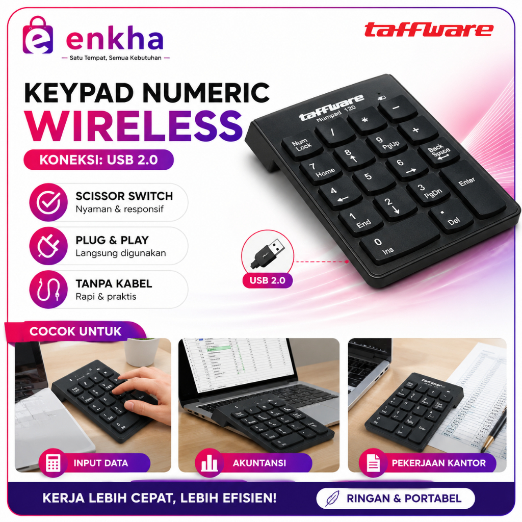 Taffware Keyboard Numeric Numpad Wireless Mini 2.4GHz Scissor Switch Keypad Angka Portabel untuk Lap