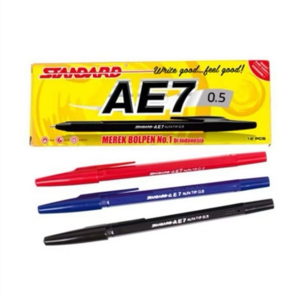 1 Pak isi ( 12 pcs) + 1 pena|Pena Standar AE7,anti macet,Warna Hitam,Biru,Merah