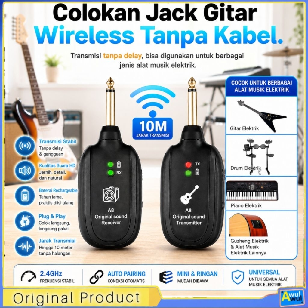 Colokan Gitar Tanpa Kabel Jack Wireless 2.4G Transmitter Receiver Gitar Bass Keyboard Drum Elektrik 
