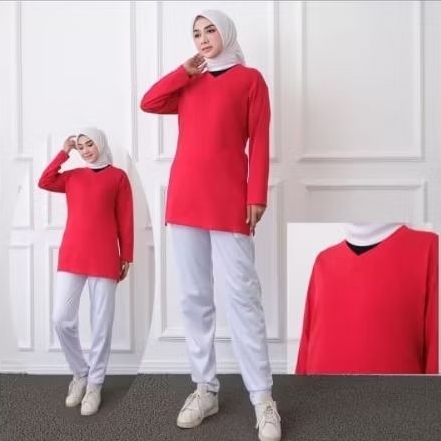 setelan tunik olahraga wanita merah putih#seragam baju senam wanita model tunik merah putih terbaru
