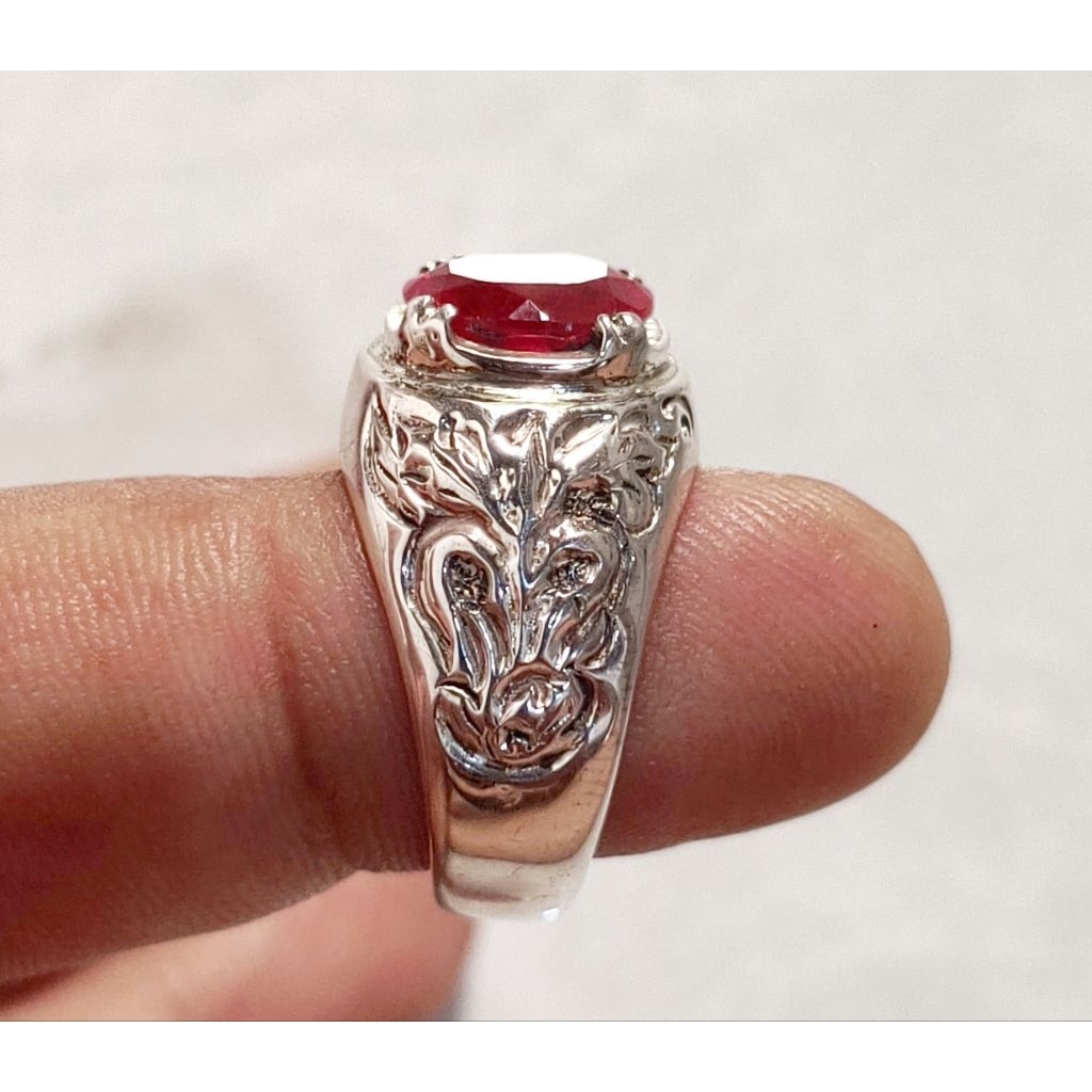 Cincin Perak Ukir Batu Natural Ruby Burma