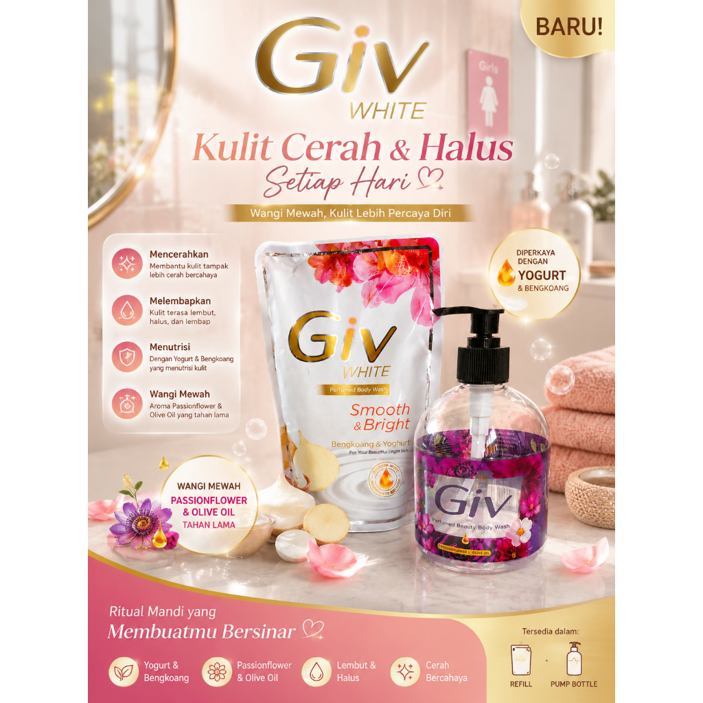 GIV White Body Sabun Cair Pouch 400Ml Free Botol Pump Cantik Mencerahkan Kulit Alami Dengan Kombinas