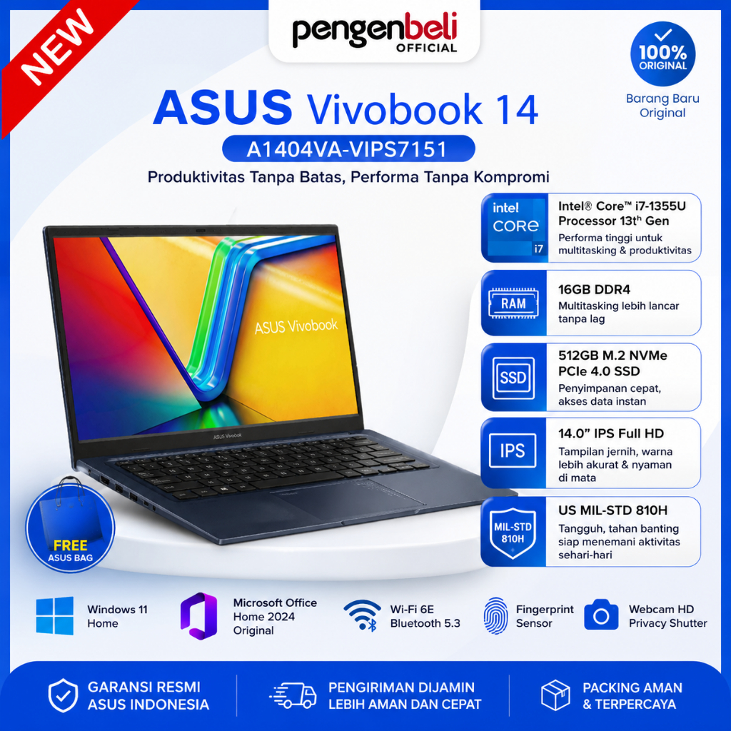 Laptop Bisnis Modern Harga Murah - I7 Gen 13 - Ram 16GB - 512GB SSD NVMe - Win 11 Home - OHS 2024 - 