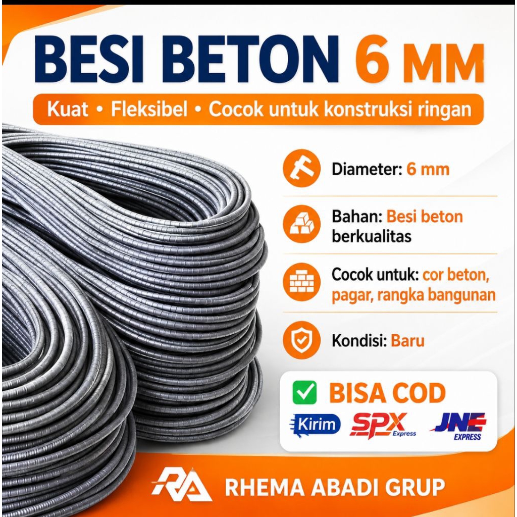 BESI BETON BESI COR 6 MM A SNI  POLOS panjang 12 meter untuk kontruksi bangunan