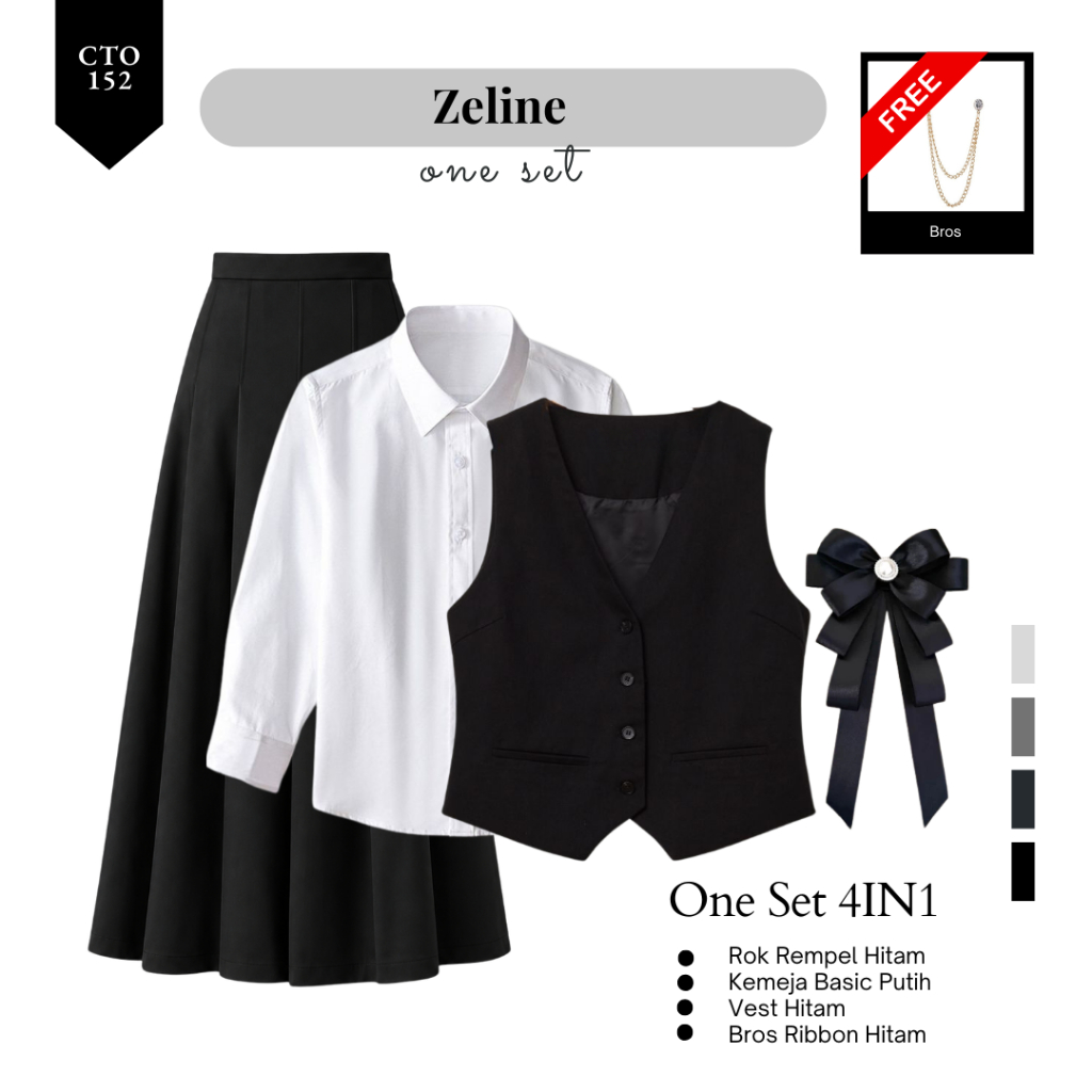 One Set Dark Academia ( Vest Hitam , Kemeja , Rok , Bros Ribbon ) Setelan OOTD Black Vintage - CTO15
