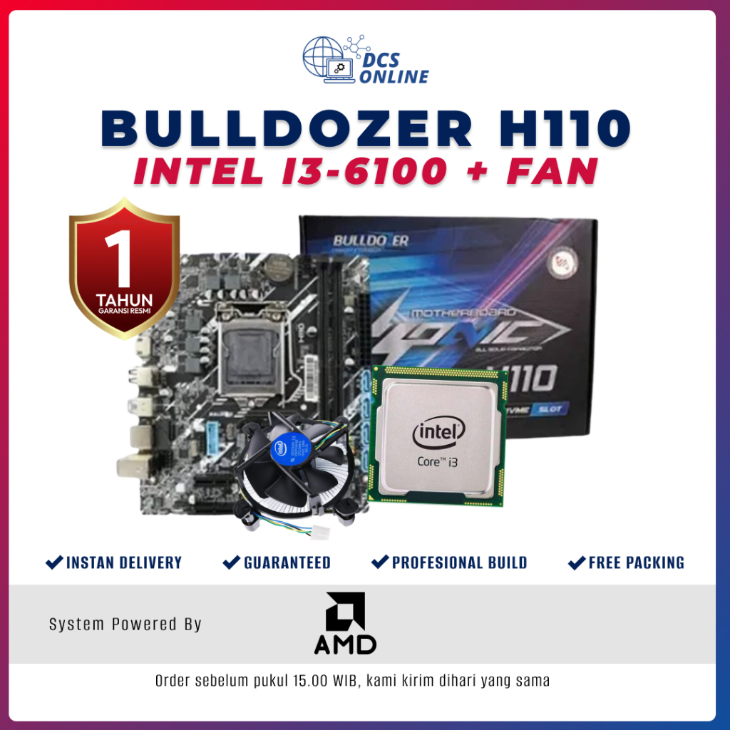 PAKET MOBO MOTHERBOARD BULLDOZER H110 INTEL i3 6100 + FAN PROCESSOR