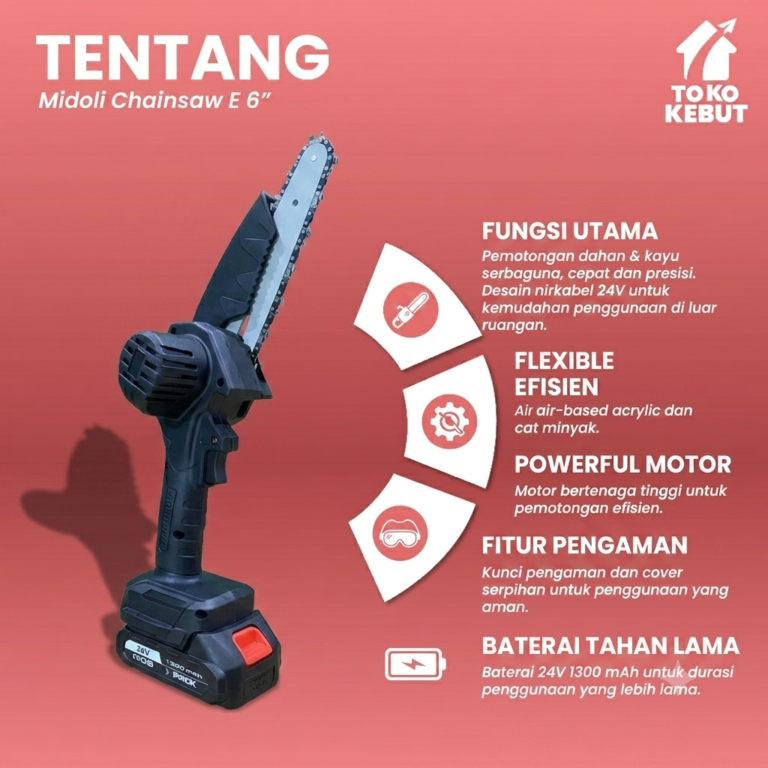 Midoli Cordless Chainsaw E6" Gergaji Listrik Potong Kayu Portable