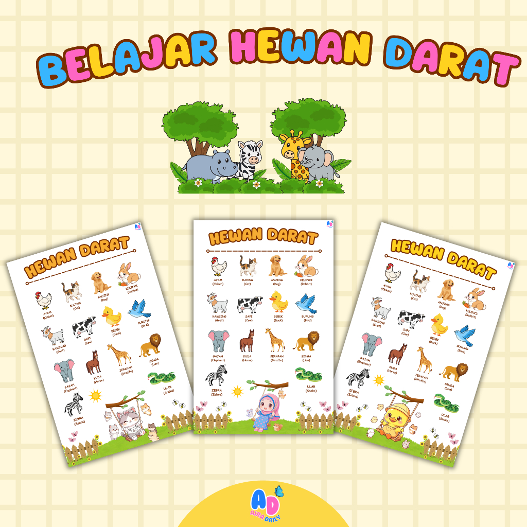 Poster Edukasi Anak | Poster Hewan Darat | Wipe And Clean | Poster Kartun Lucu Edukasi | Edukasi Bel