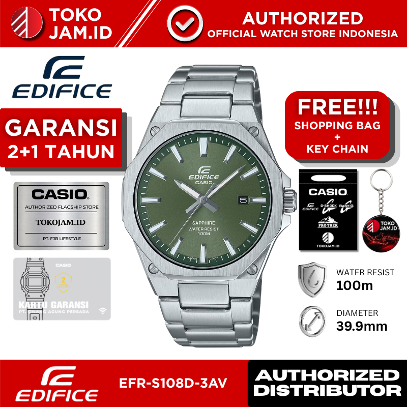 Casio Edifice EFR-S108D-3AVUDF Analog Slim Stainless Steel Green Dial Sapphire Crystal Water Resista
