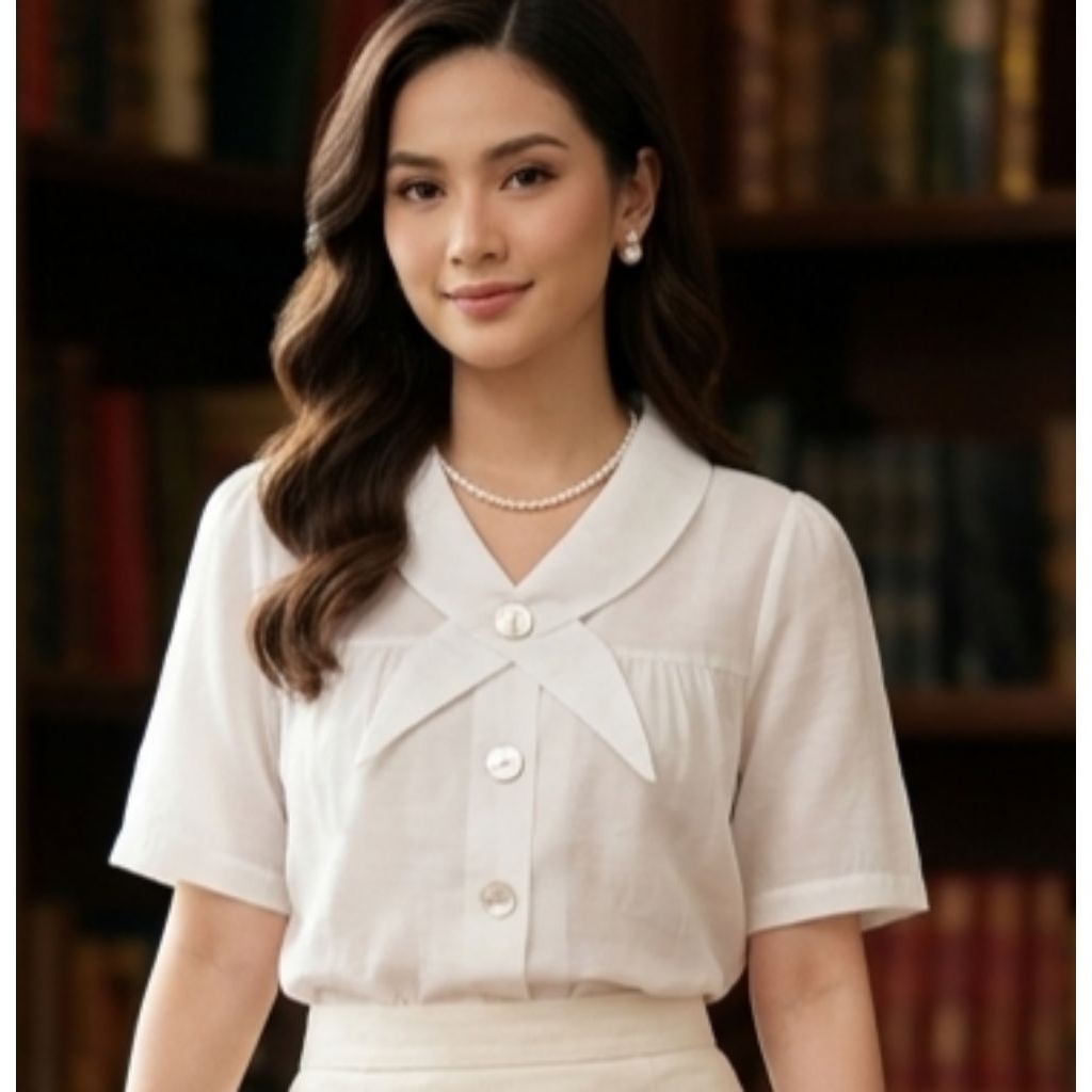 kemeja blouse blus atasan putih satin saten model pita kancing dewasa wanita perempuan jumbo natal c