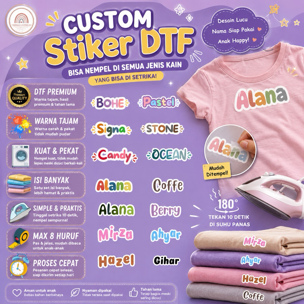 Stiker Nama Custom Premium DTF Setrika – Label Pakaian Anak Tahan Lama & Mudah Dipasang - Tandain ba