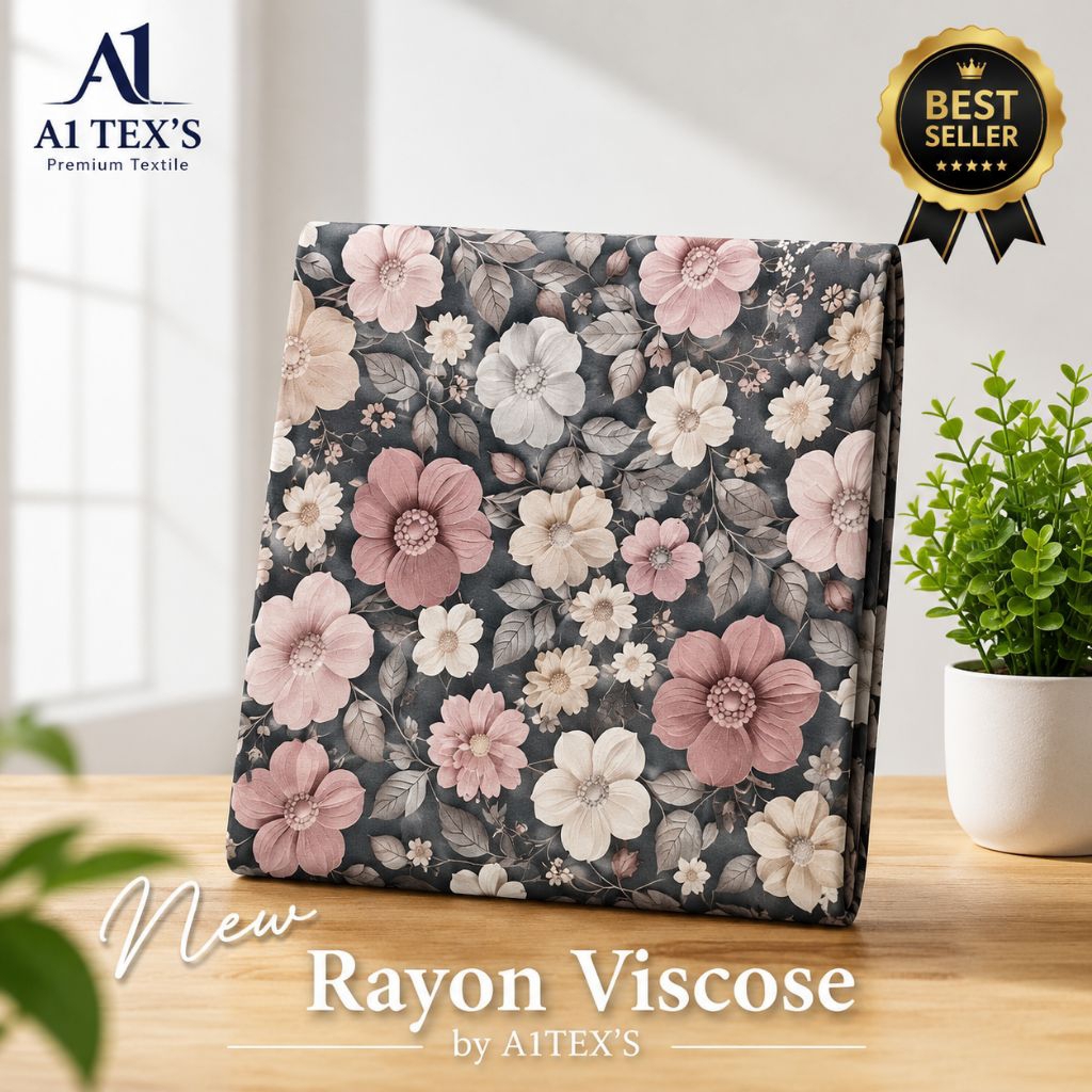 Kain Katun Rayon Viscose Premium - Kain Motif Floral Vintage Dusty Pink Abu Elegan - Kain Katun Prem