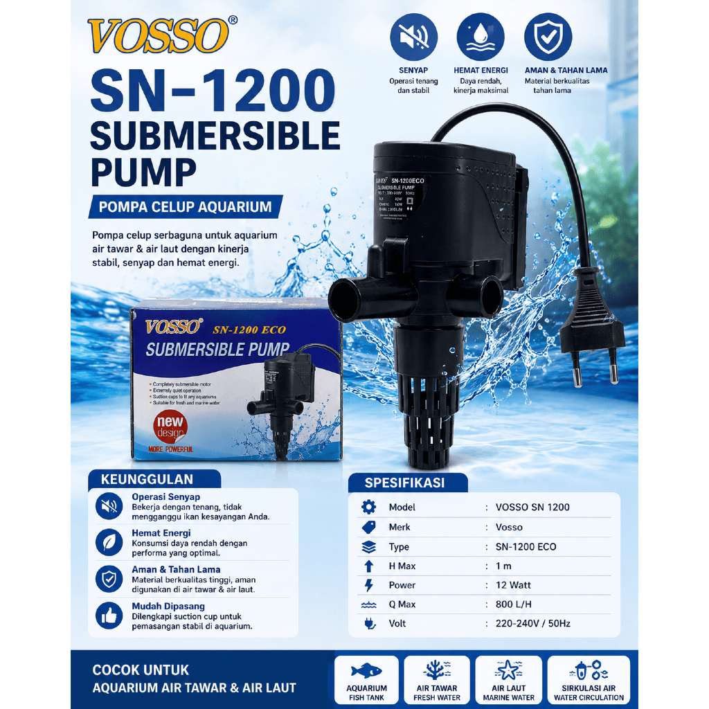 Vosso 1200 Pompa Air Pompa Celup Aquarium Kecil Pompa Aquarium Aquascape Hidroponik