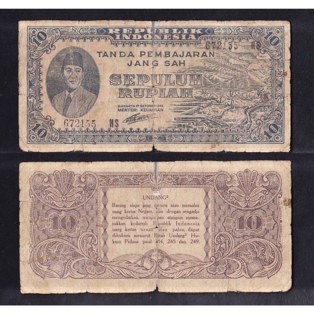 Uang kuno 10 rupiah tahun 1945 seri Oeang Repoeblik Indonesia (ORI-I)
