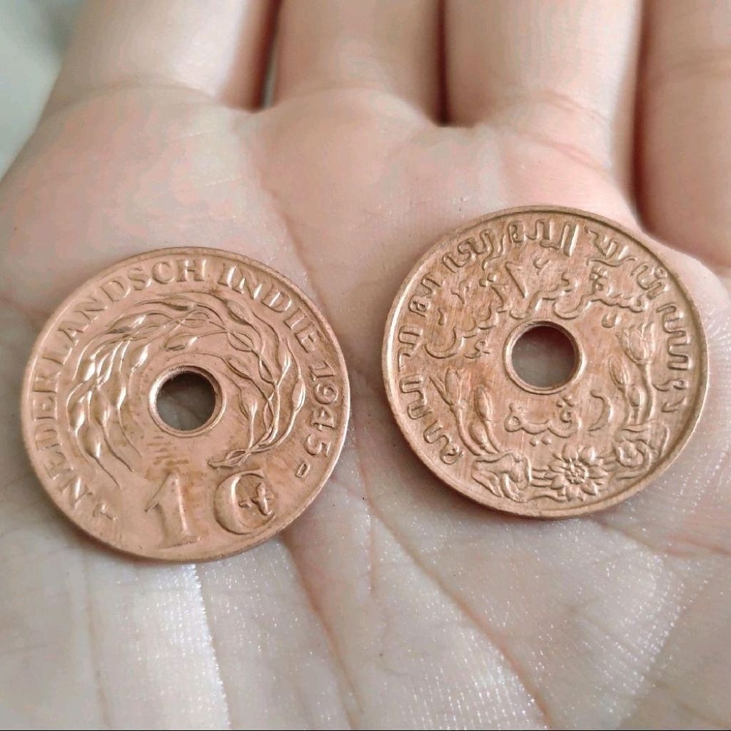 ​[KOLEKSI SEJARAH] Koin Kuno Bolong 1 Cent Hindia Belanda 1945 Asli - Uang Koin Lama Nederlandsch In