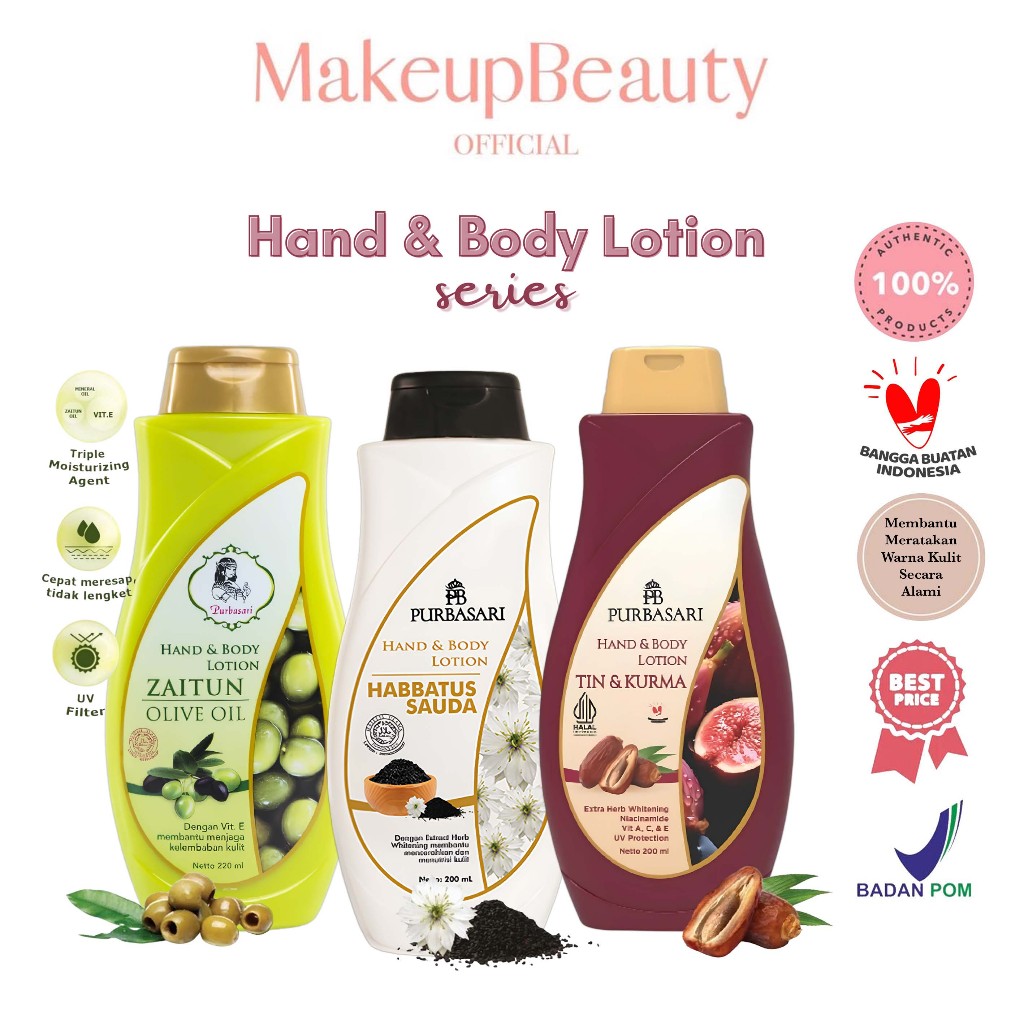 PURBASARI Hand & Body Lotion - Zaitun | Habbatus Sauda | Tin & Kurma 100ml/200ml