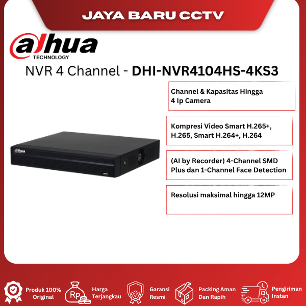 Dahua DHI-NVR4104HS-4KS3 NVR 4 Channel Original Pemutar Ulang Hasil Rekaman Video CCTV Terbaik Garan