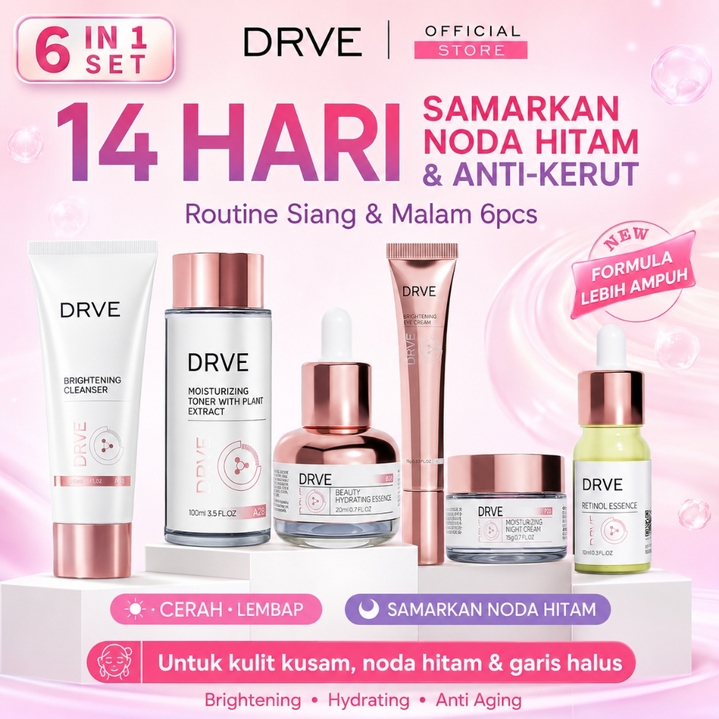 [COD] DRVE Paket Skincare Glowing 6in1 BPOM | Retinol Essence, Toner, Cleanser, Night Cream | Mencer