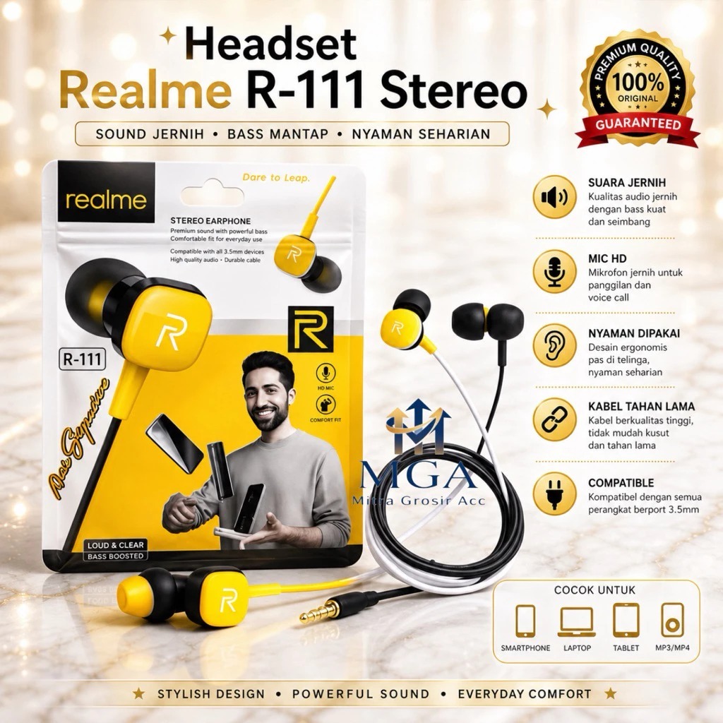MGA - Headset Realme R-111 Extra Bass Handsfree R111 + Mic Earphone Universal